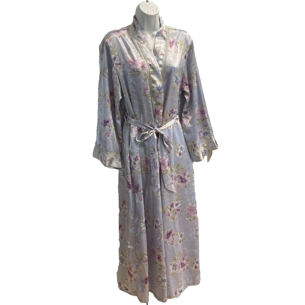 Sensara Vtg Housecoat Robe S/M Blue Floral Long Length Pockets Lace Trim Satin